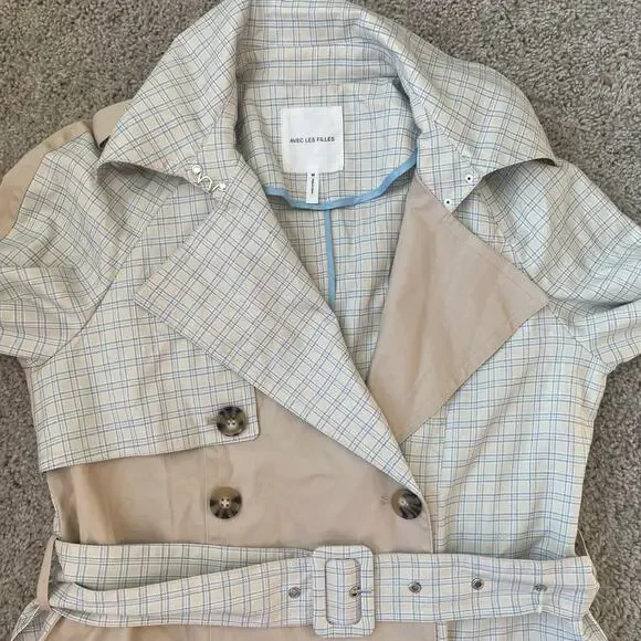 NWT Avec Les Filles Combo Plaid Double-Breasted Trench Coat Sz Medium - Picture 13 of 16